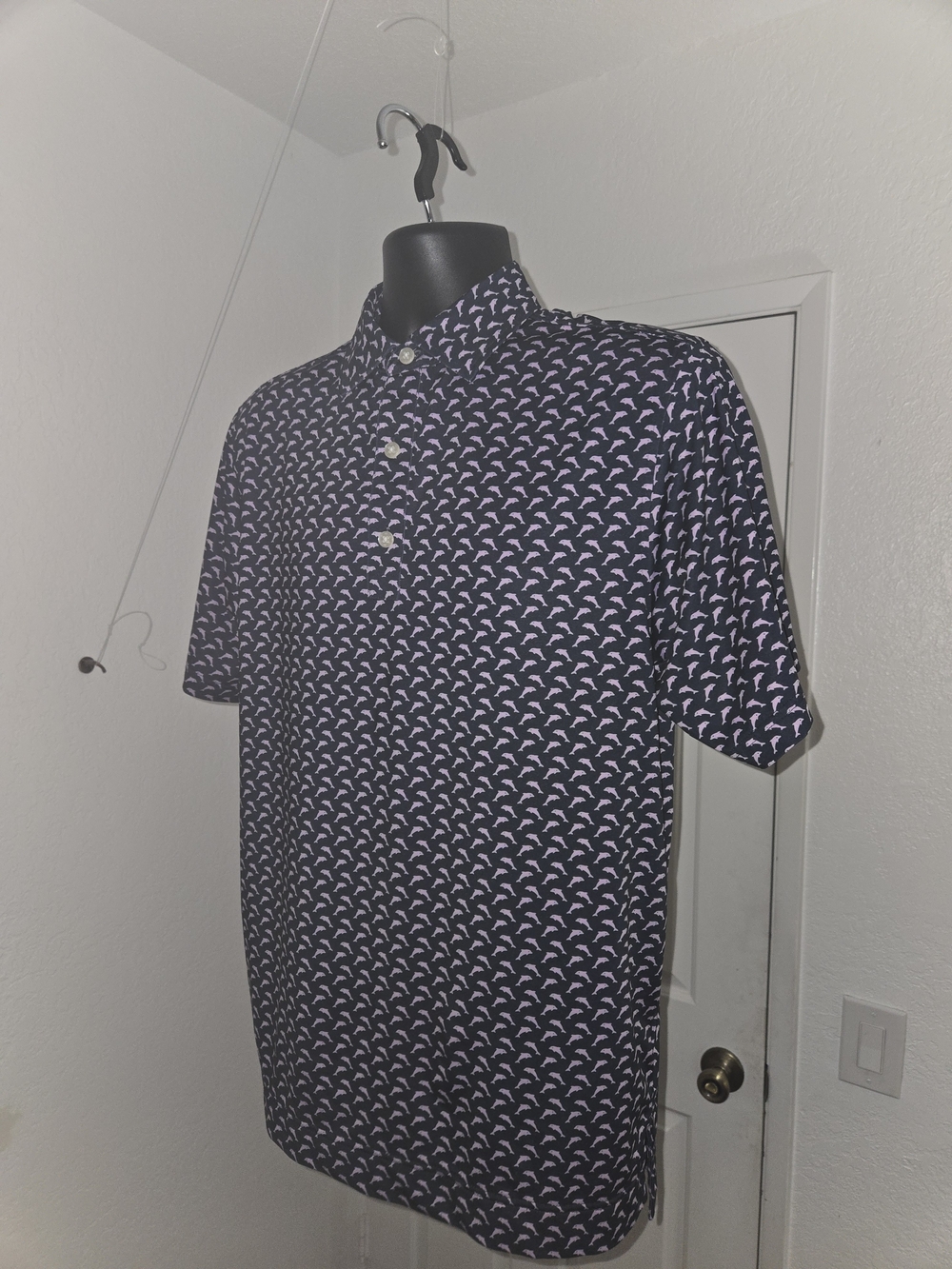 FootJoy Polo Shirt Mens Small Athletic Fit Navy Purple Dolphin Print Stretch